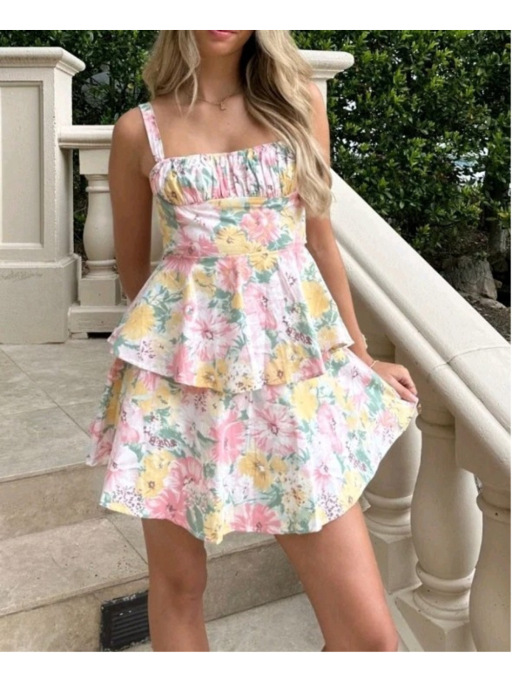 Hello Molly Dress XS Floral Tiered Ruffle Open Back Bow Cotton Mini Cottagecore